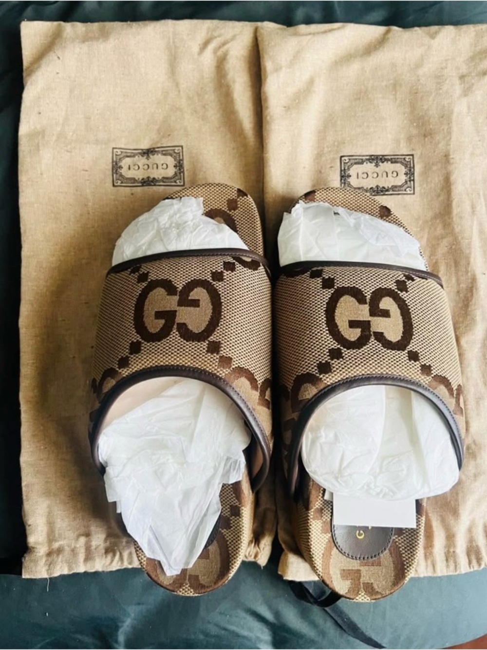Gucci Beige Brown GG Canvas Platform Slide Sandals